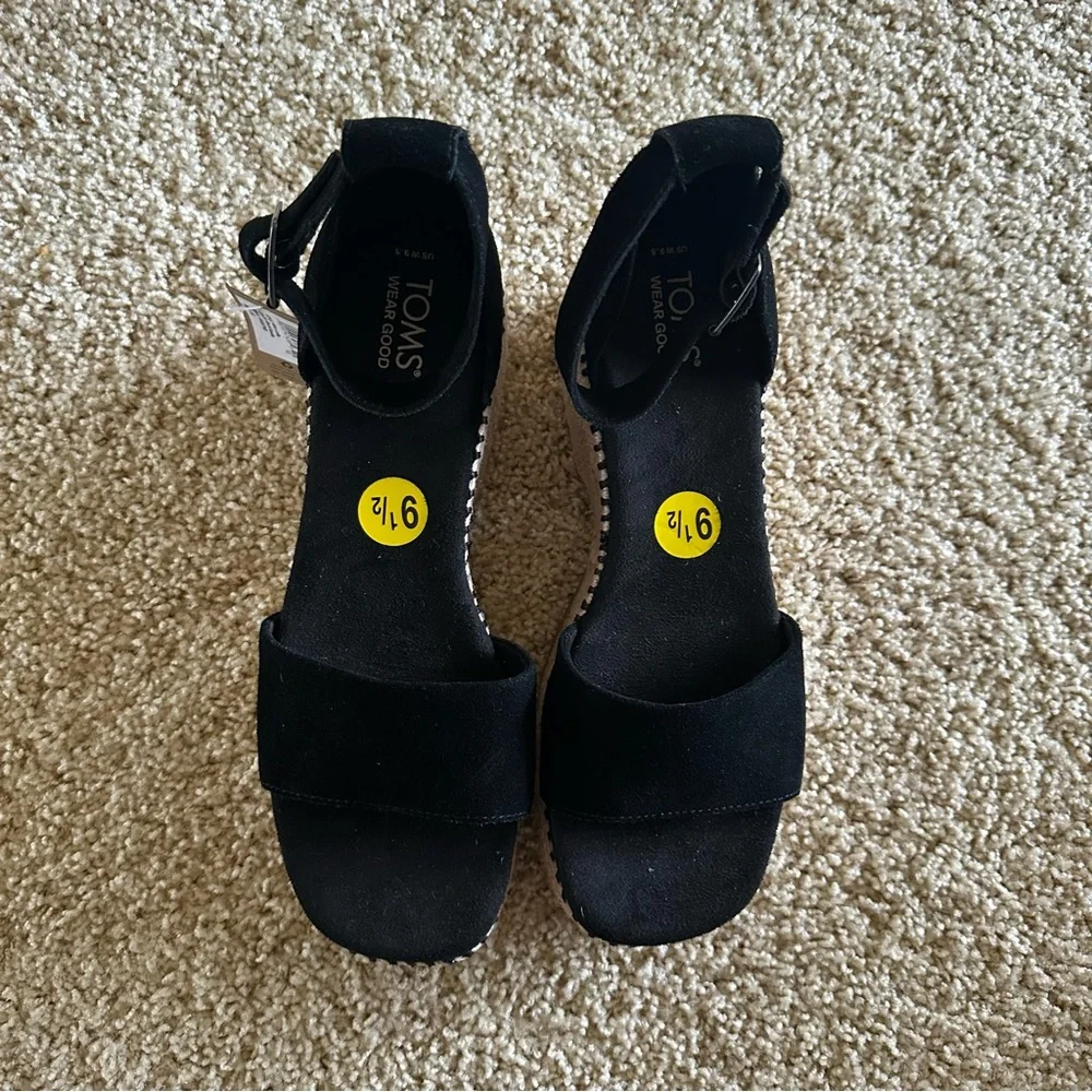 TOMS Laila‎ Black Suede Platform Espadrille Wedge Sandals Size 9.5 NWT